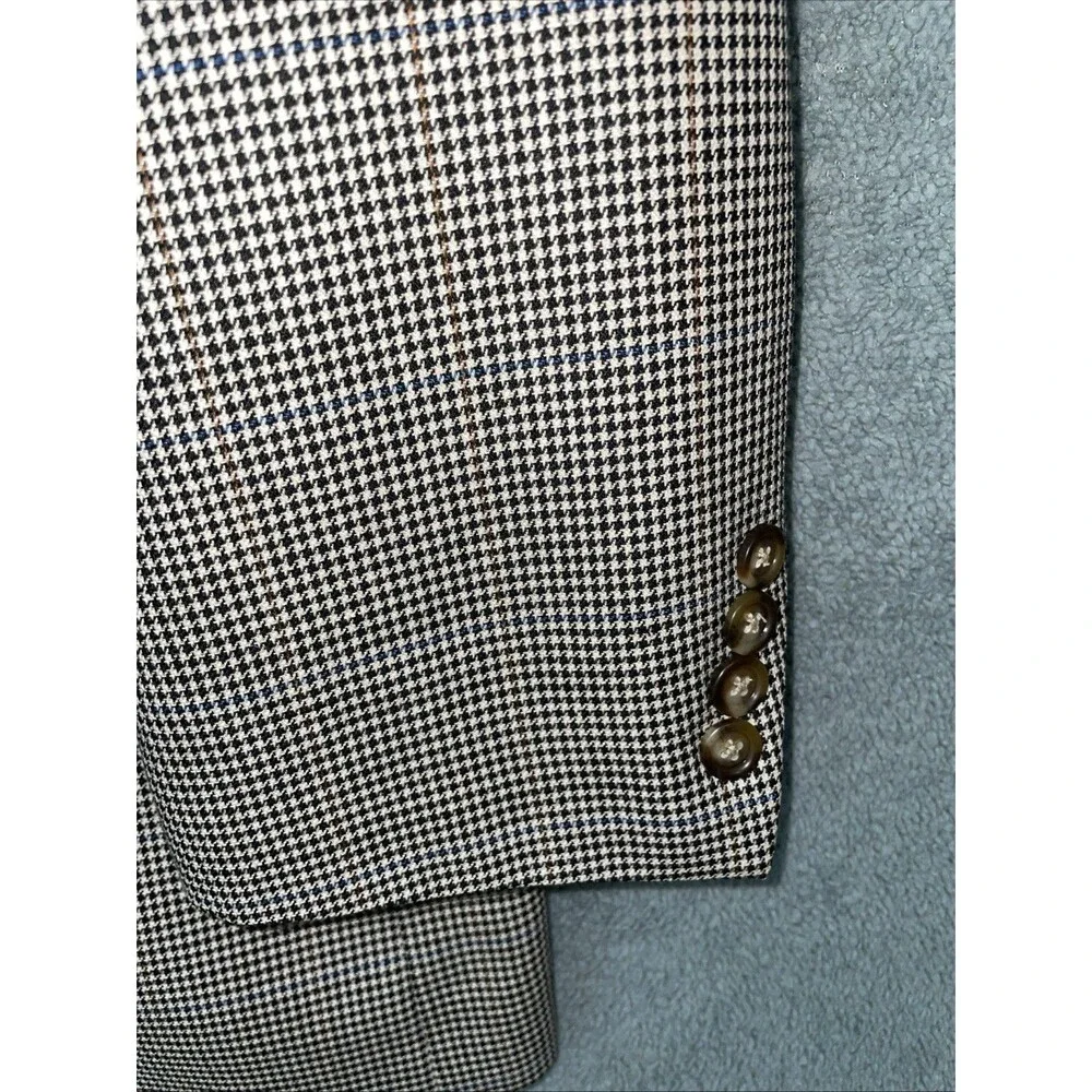 Jos A Banks Blazer Mens 44R‎ Black Silk Wool Houndstooth Plaid Buttons Career
